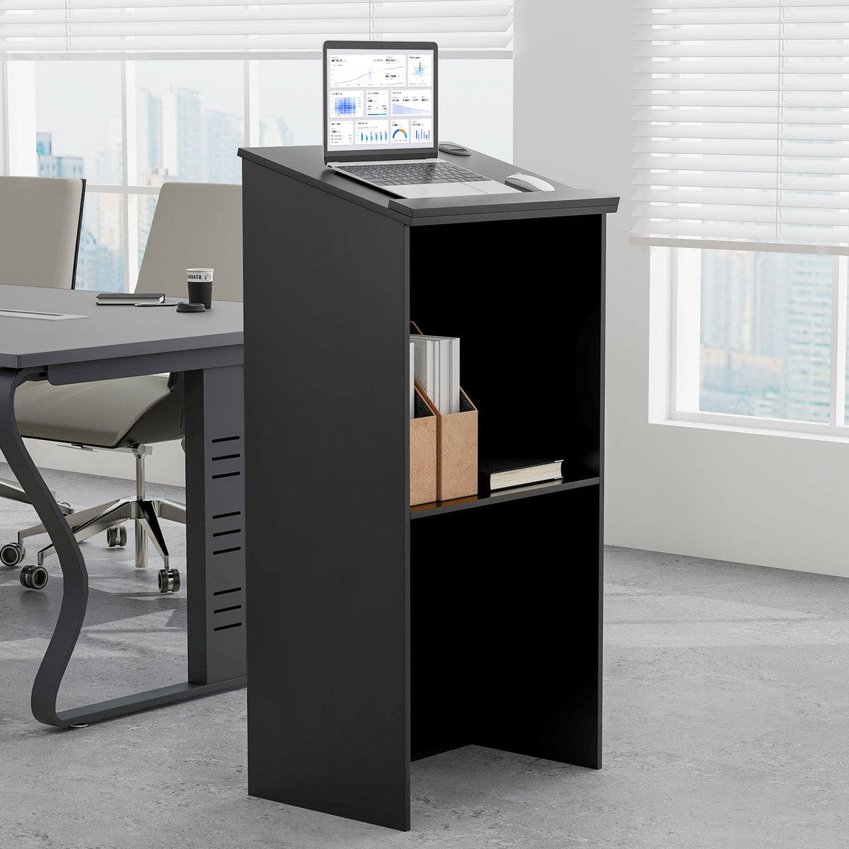 Podium Stand Hostess Stand for Speakers with Storage Shelf-Black