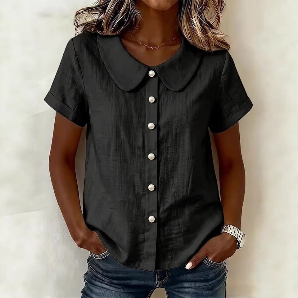 Womens Solid-Colored Short-Sleeve Casual Loose  Shirt