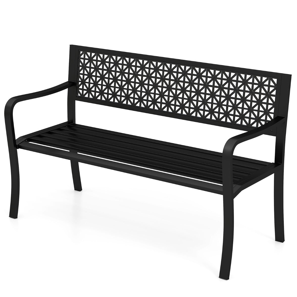 127CM Garden Bench with Patterned Backrest and Curved Armrests2-3-Person Patio Bench-Black