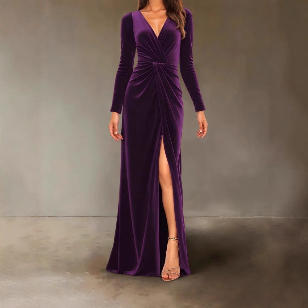 V Neck Pleated Sheath Dress With An Elegant Slit And A Figure Hugging Fit