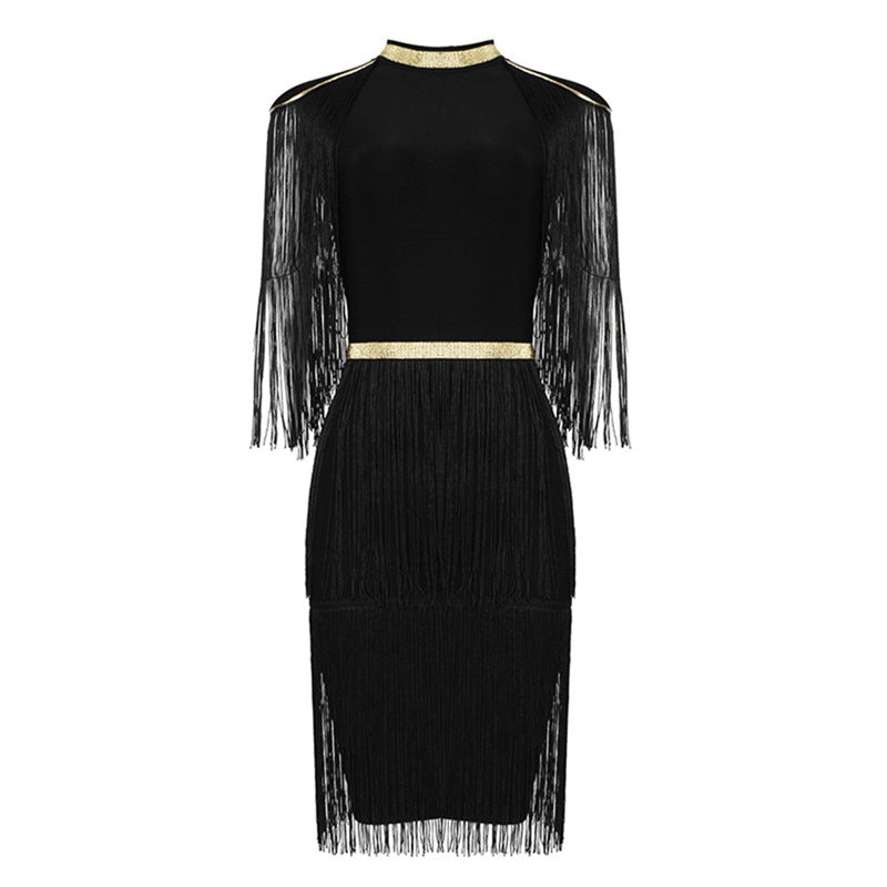 Women's Round Neck Fringed Belt Black And White Red Casual Dress