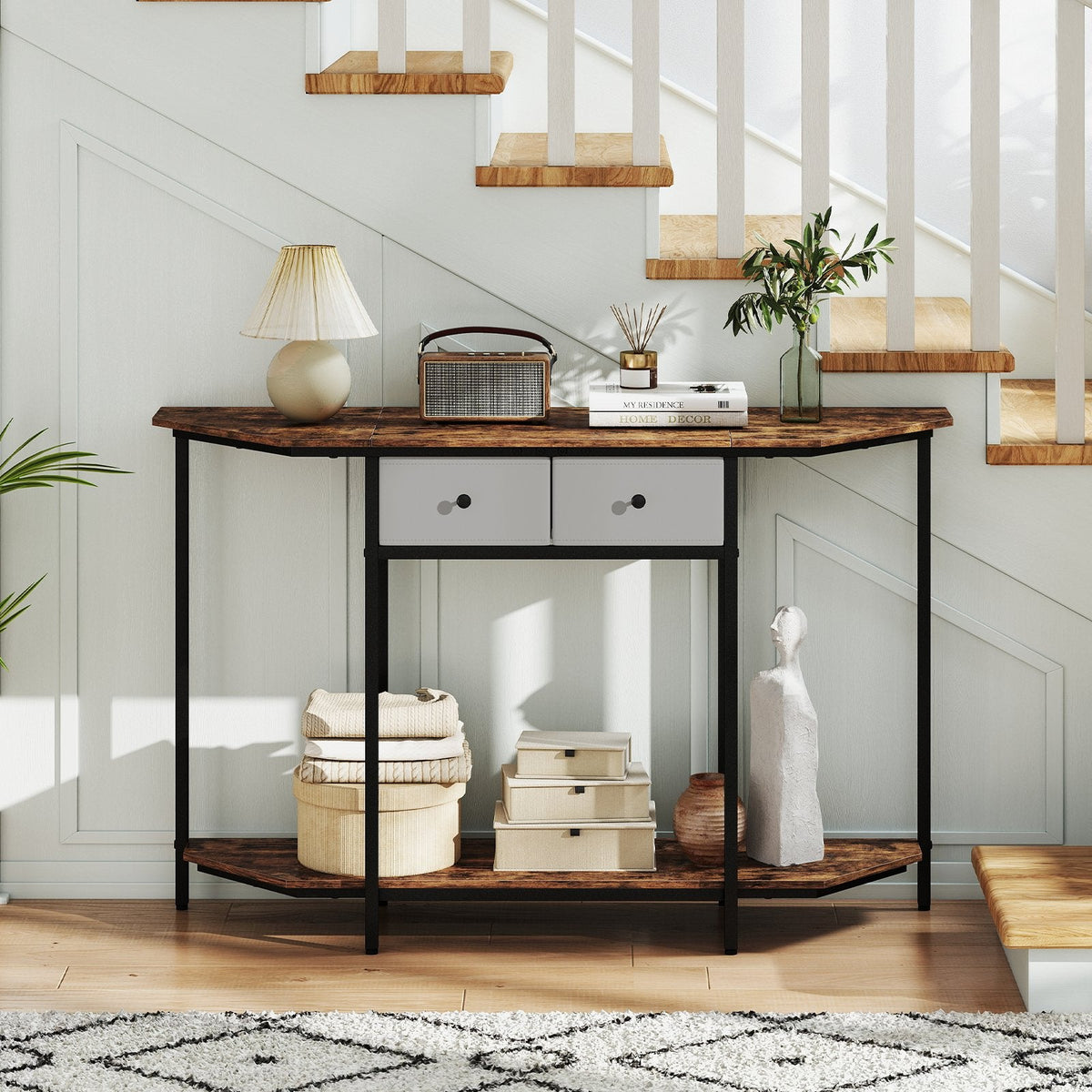 130 CM Console Table 2-Tier Entryway Table with Open Storage Shelf & 2 Drawers-Rustic Brown