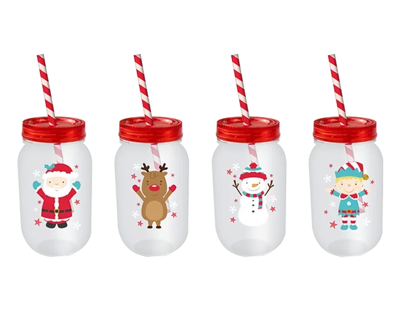 Christmas Mason Drinking Jar &amp; Straw (500ml)