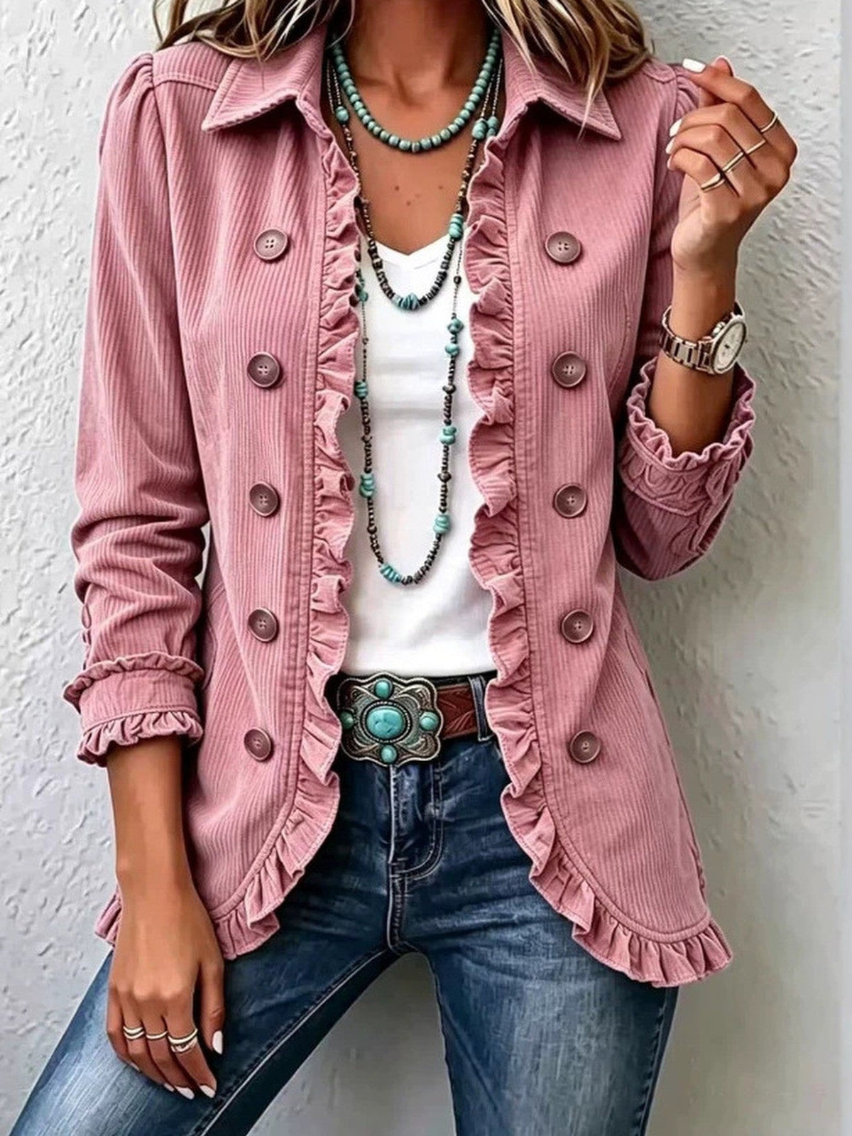 Women's Ruffle Knit Cardigan - Button-Front Long-Sleeve Sweater Jacket for Spring and Autumn