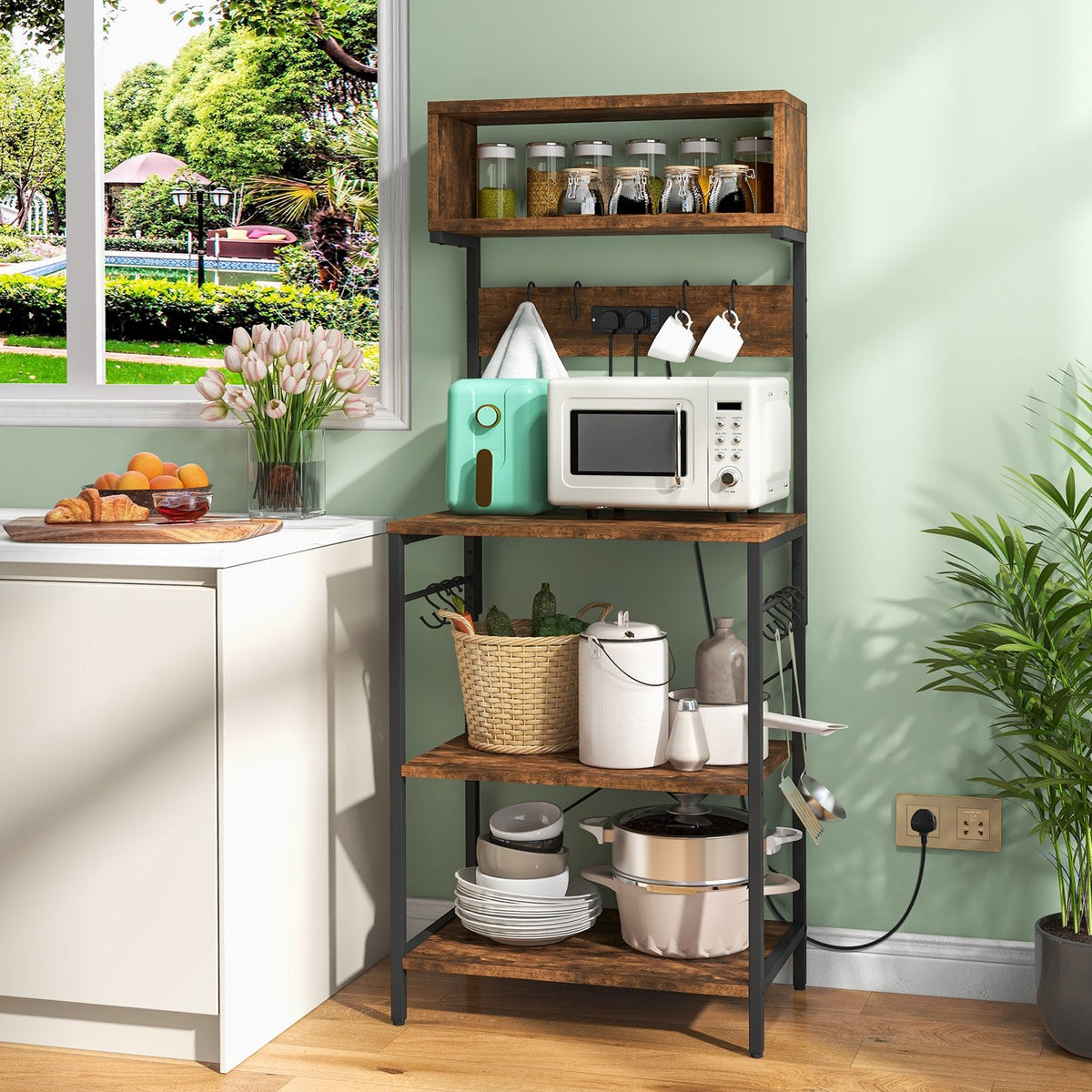 153 cm Tall Microwave Stand Kitchen Bakers Rack with Power Outlet-Rustic Brown