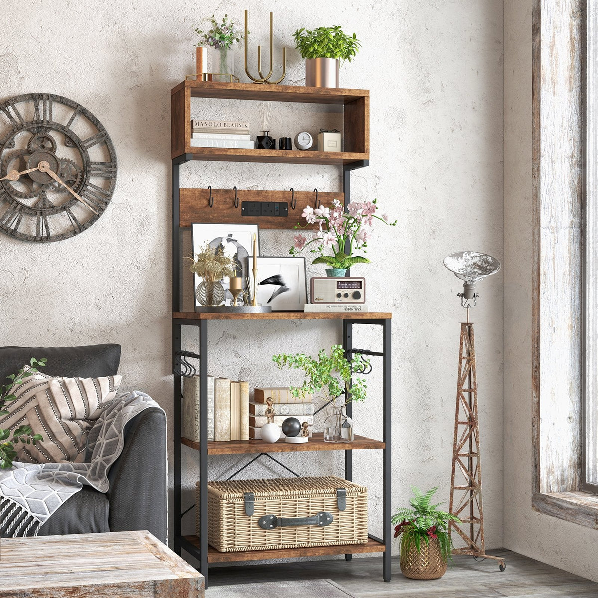 153 cm Tall Microwave Stand Kitchen Bakers Rack with Power Outlet-Rustic Brown