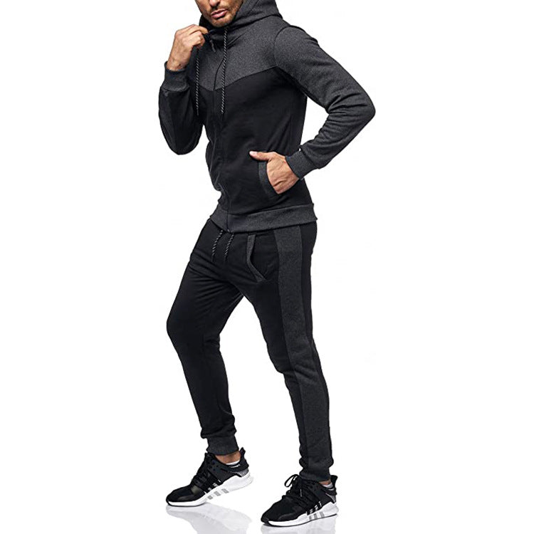 Men's Hooded Color Block Casual Cardigan Set