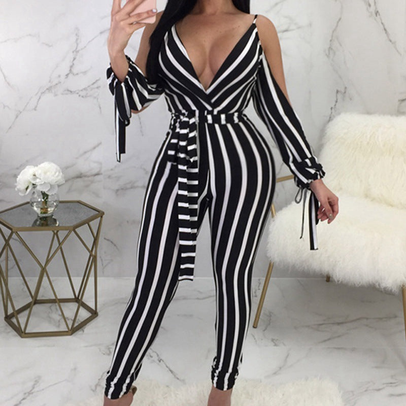 Deep V Leaky Back Straps Slim Fit Buttocks Striped Jumpsuit