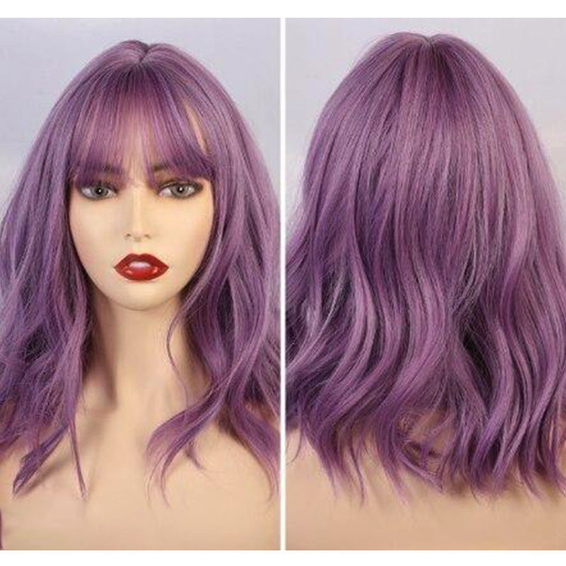 Short Natural Wave Curly Wig with Fringe - Purple