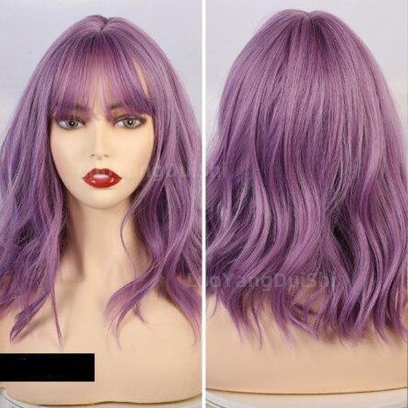 Short Natural Wave Curly Wig with Fringe - Purple
