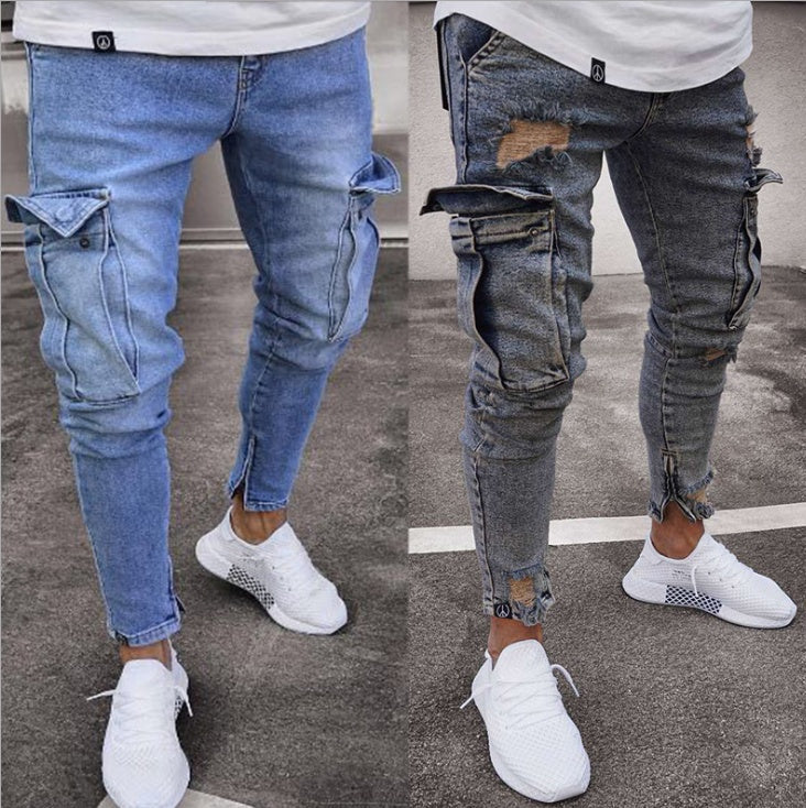 Men's Cargo Ripped Denim Jeans - Distressed Hole Streetwear Jeans