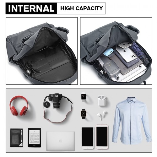 E6913 - Kono Water Resistant Travel Backpack with USB Charging Port - Grey