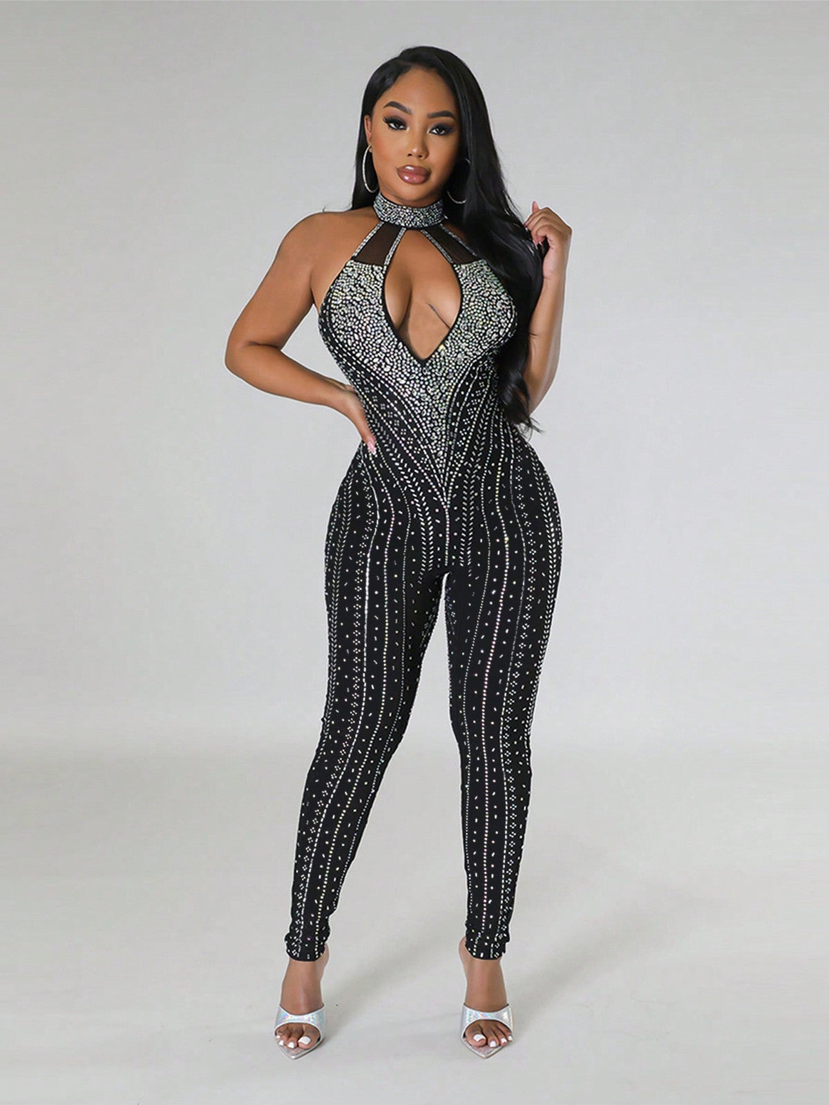 Rhinestone Detail Cut Out Front Halter Neck Backless Unitard Jumpsuit