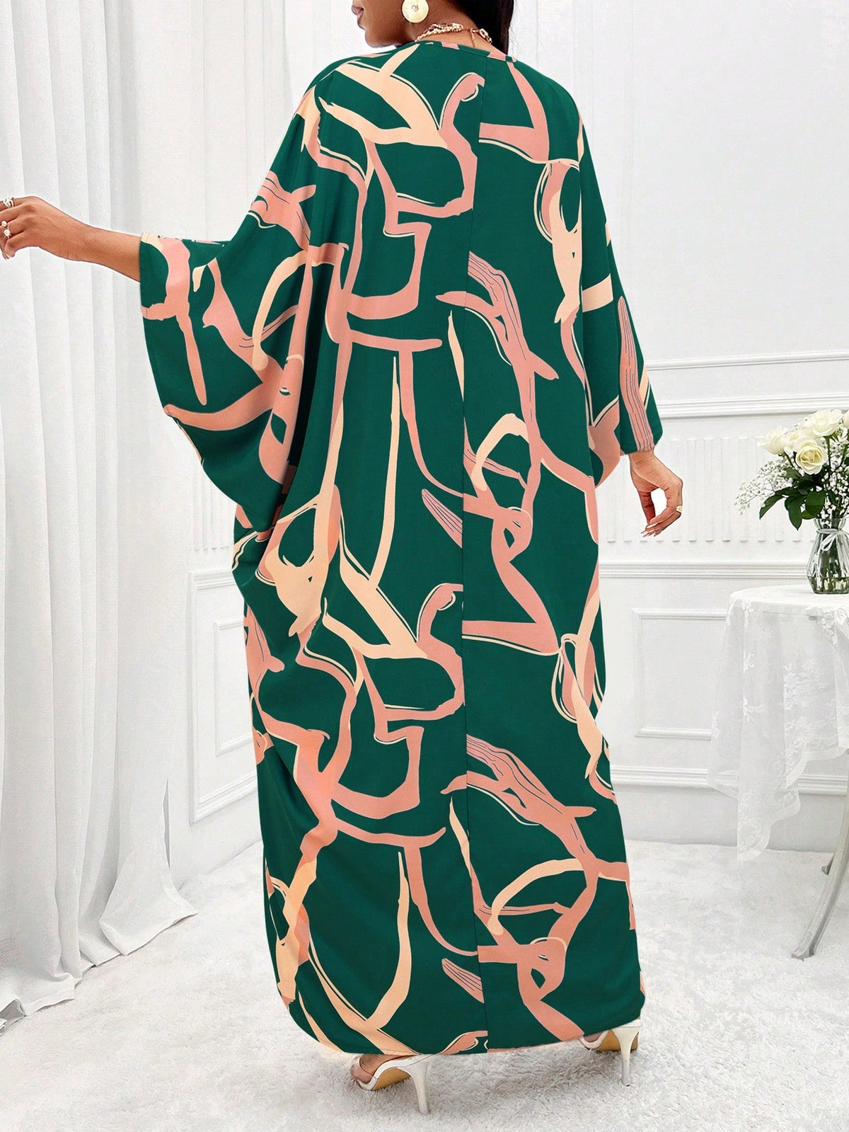 Lady Allover Print Batwing Sleeve Dress & Pants