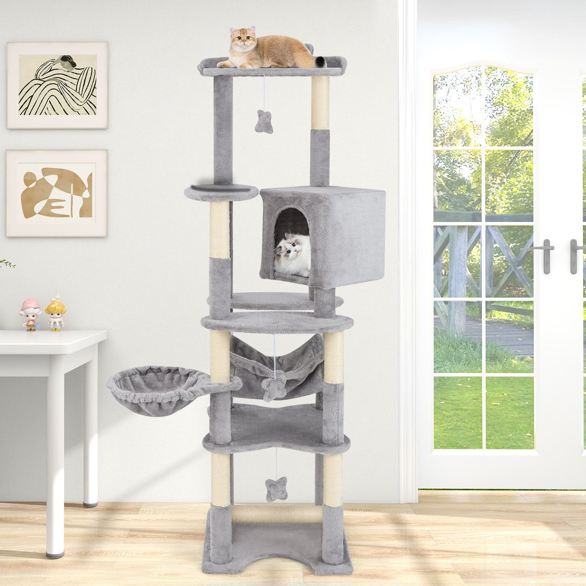 176 cm Multi-level Cat Tree with Hammock Jumping Platforms and Hanging Toys
