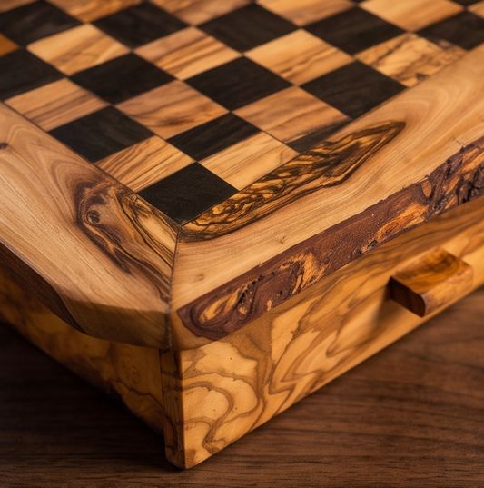 Handmade Olive Wood Chess Set with Storage Drawer - Luxury Wooden Board Game