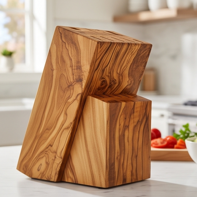 Handcrafted Olive Wood Knife Block Holder - Universal Countertop Organiser
