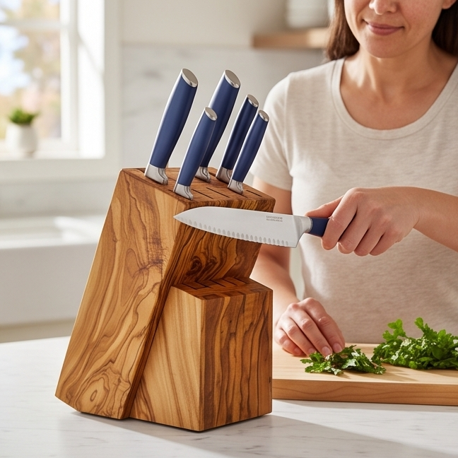 Handcrafted Olive Wood Knife Block Holder - Universal Countertop Organiser
