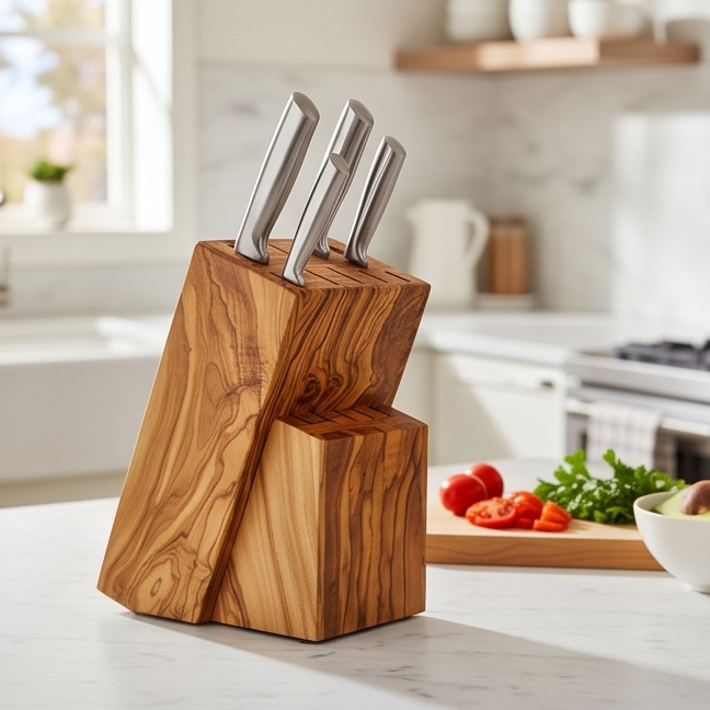 Handcrafted Olive Wood Knife Block Holder - Universal Countertop Organiser
