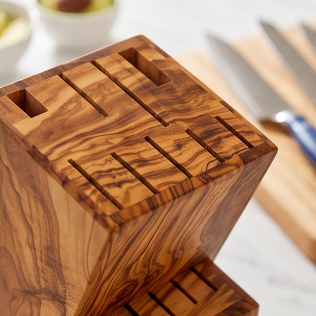 Handcrafted Olive Wood Knife Block Holder - Universal Countertop Organiser