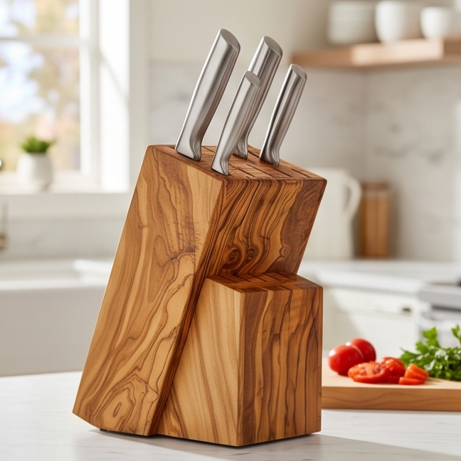 Handcrafted Olive Wood Knife Block Holder - Universal Countertop Organiser