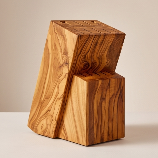 Handcrafted Olive Wood Knife Block Holder - Universal Countertop Organiser