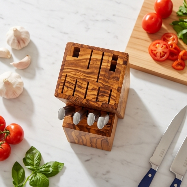 Handcrafted Olive Wood Knife Block Holder - Universal Countertop Organiser