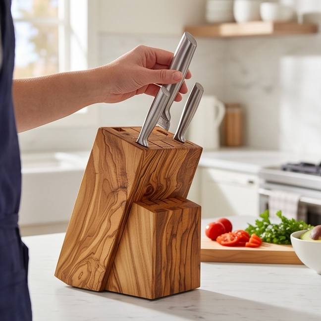 Handcrafted Olive Wood Knife Block Holder - Universal Countertop Organiser