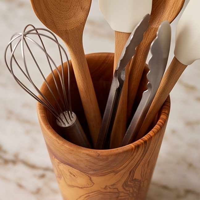 Luxury Solid Olive Wood Utensil Holder | Rustic Kitchen Countertop Storage Organiser