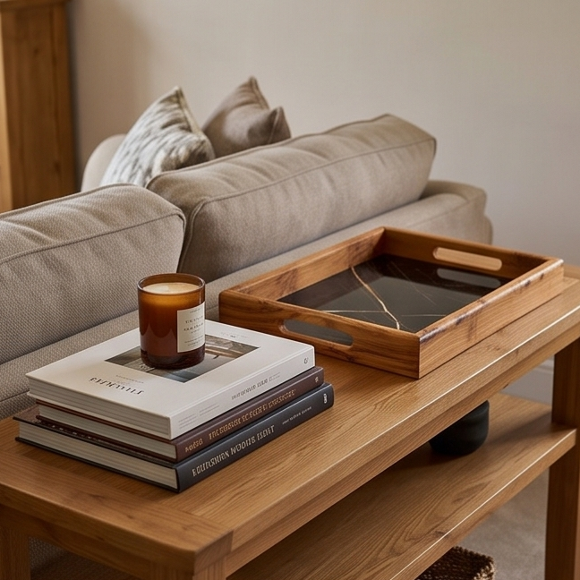 Olive Wood Rectangular Olive Wood Marble effect Tray with Handle