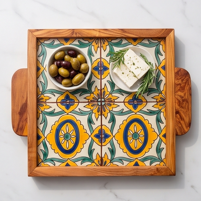 Olive Wood Square Olive Wood Ceramic Tray with Handle 20cm * 20cm