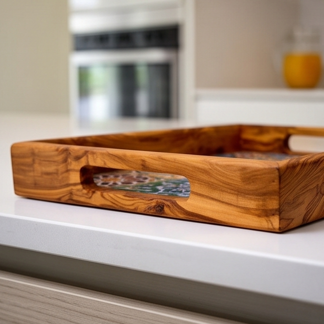 Olive Wood Rectangular Olive Wood Ceramic Tray with Handle 40 cm * 25 cm