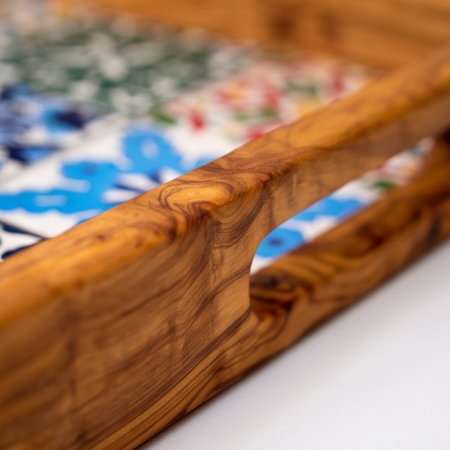 Olive Wood Rectangular Olive Wood Ceramic Tray with Handle 40 cm * 25 cm