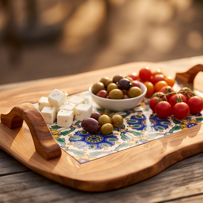 Rustic Olive Wood Ceramic Tray with Handle, serving tray, natural, handmade, gift