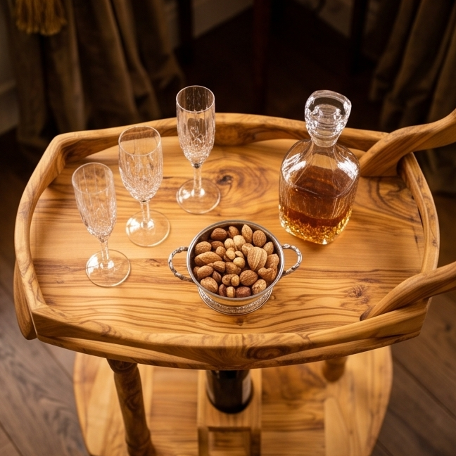 Luxury Solid Olive Wood Bar Cart | Handcrafted Rolling Wine & Beverage Serving Trolley