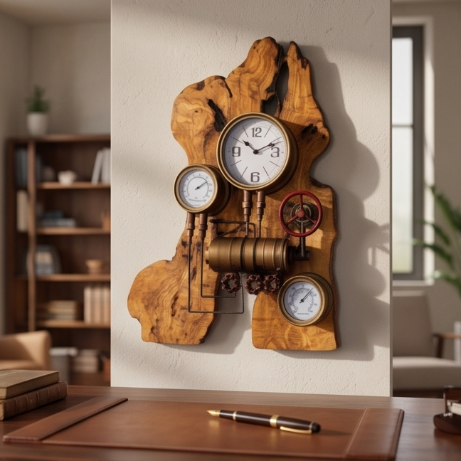 Industrial Steampunk Multi-Gauge Freeform Olive Wood Clock | Luxury Weather Station Art