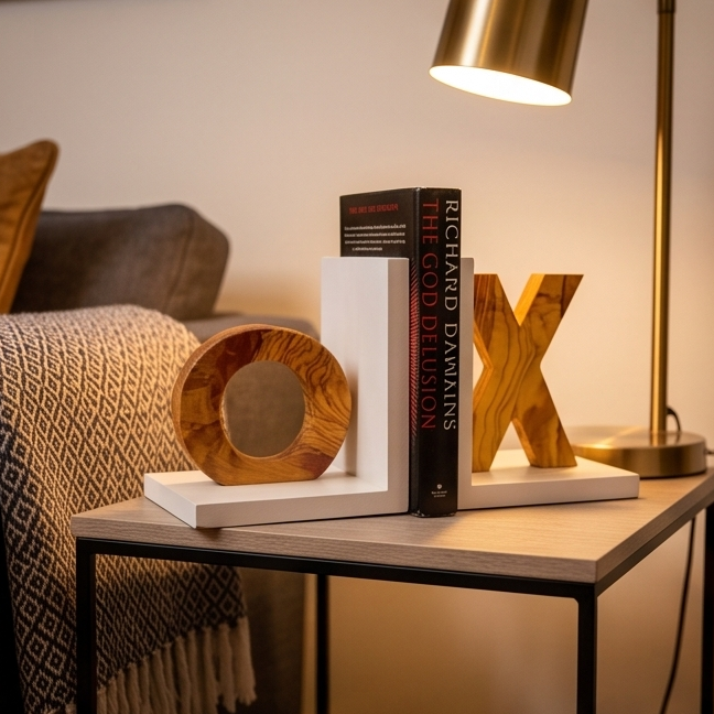 Olive Wood Handcrafted XO Bookends Wooden Bookshelf Organiser