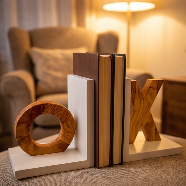 Olive Wood Handcrafted XO Bookends Wooden Bookshelf Organiser