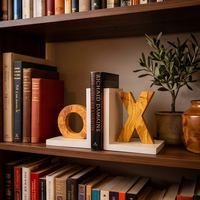Olive Wood Handcrafted XO Bookends Wooden Bookshelf Organiser