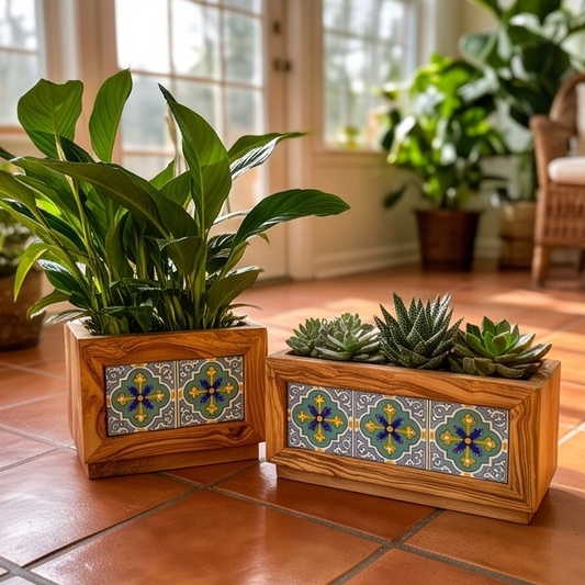 Olive Wood Handmade Wooden Planter with Tiles/Indoor and Outdoor Flower Box/Home and Garden