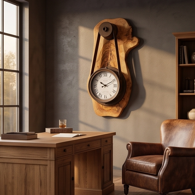 Industrial Pulley Belt Olive Wood Wall Clock | Steampunk Mechanical Statement Clock