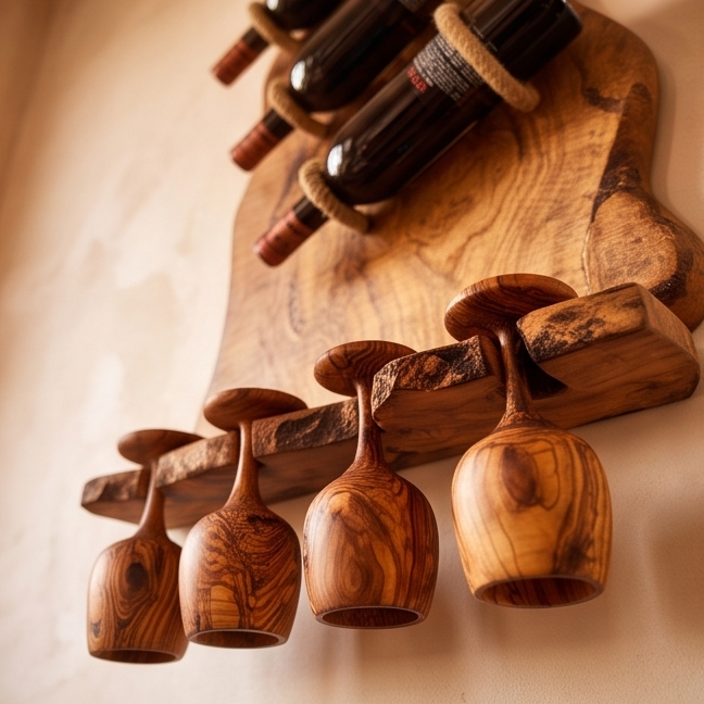 Rustic Olive Wood Wall Mounted Wine Bottle Holder & Goblet Rack