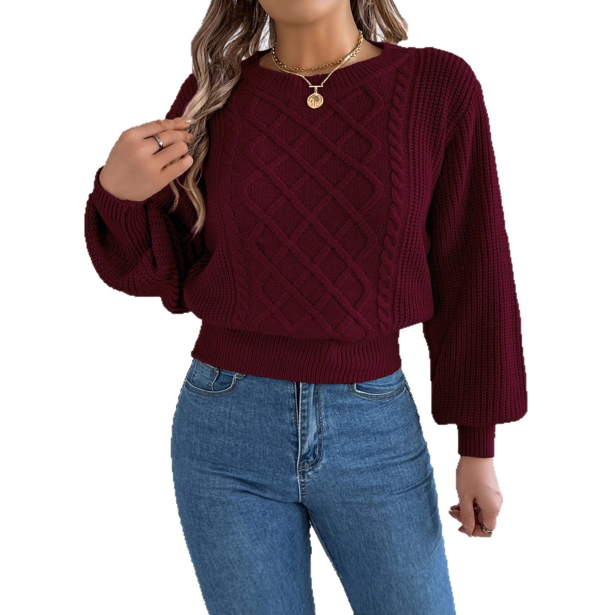 Solid Color Twist Lantern Long Sleeve Fitted Waist Sweater Women's Clothing