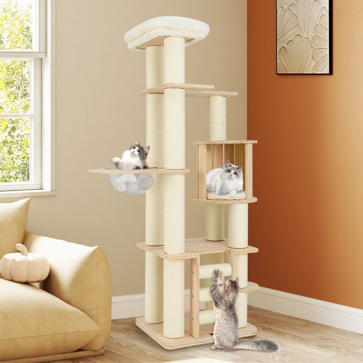 180 cm Tall Cat Tree with Cozy Perch Condo Space Capsule 12 cm Scratching Posts-Natural