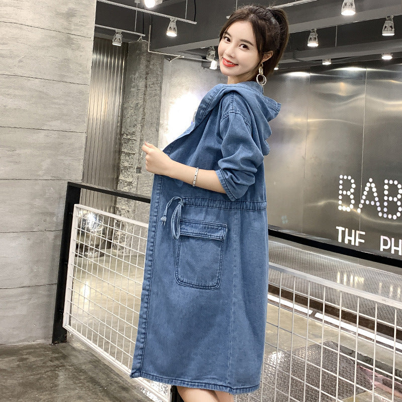 Women's Mid-length Long-sleeved Hooded Cardigan Trench Coat