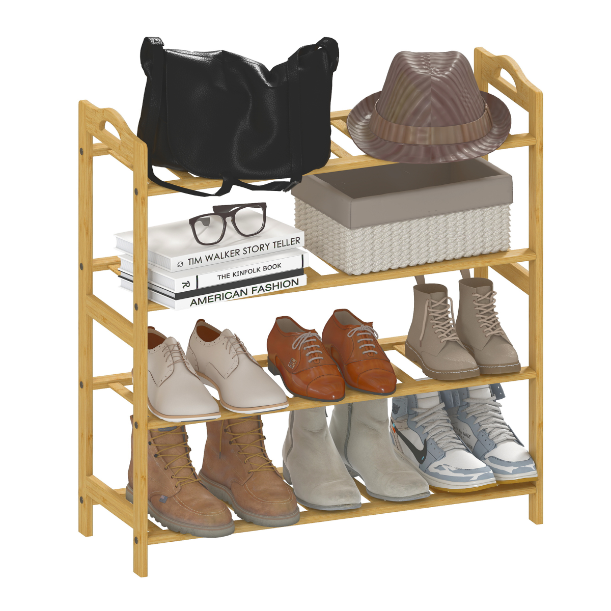 HOMCOM 4-Tier Shoe Rack, Bamboo Shoe Shelf Stand, Natural Wood Finish
