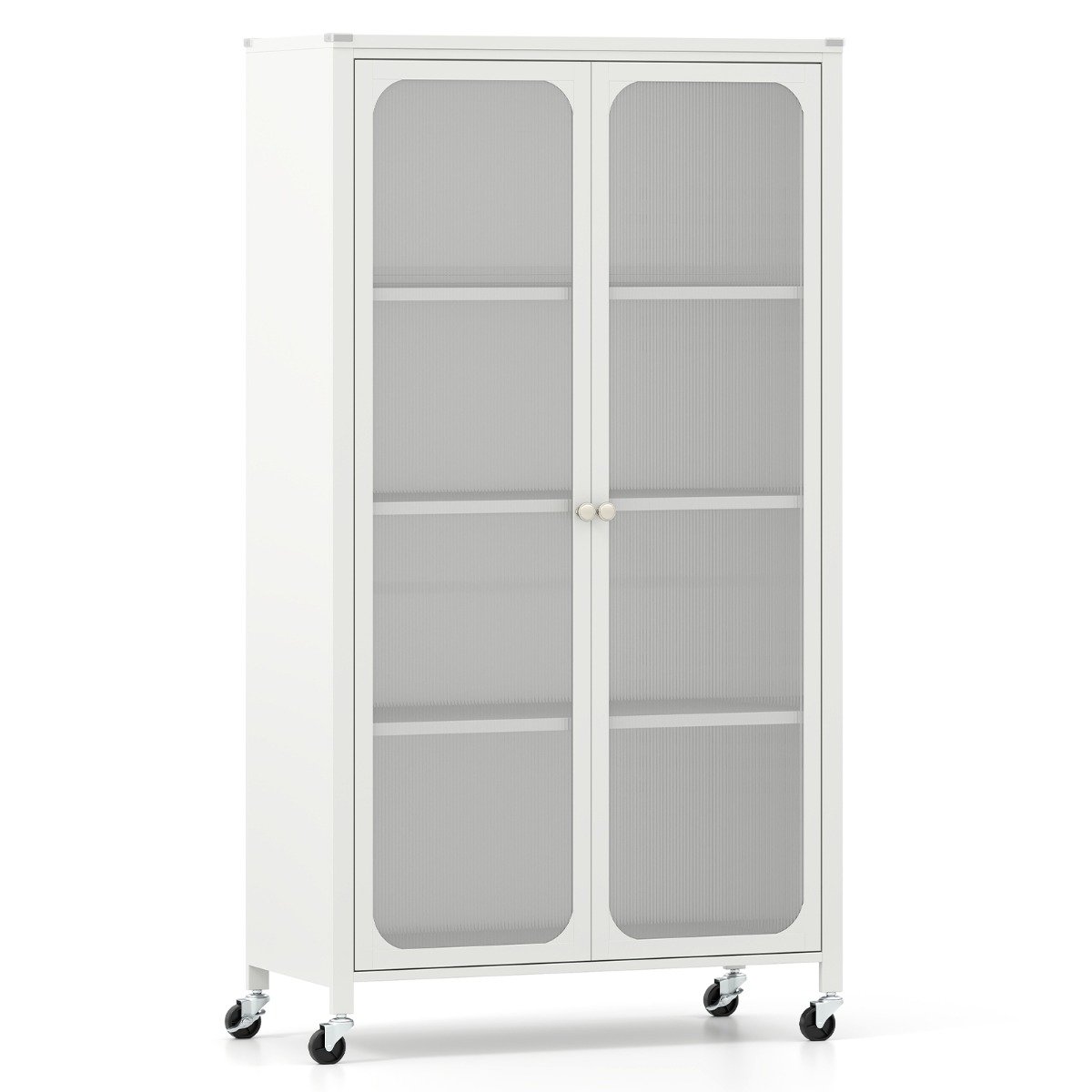 Metal Storage Cabinet with Adjustable Shelves and Lockable Wheels-White