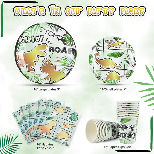 Dinosaur Party Tableware Set Kids 16 Guests 64pcs Gold Birthday Decor WERNNSAI