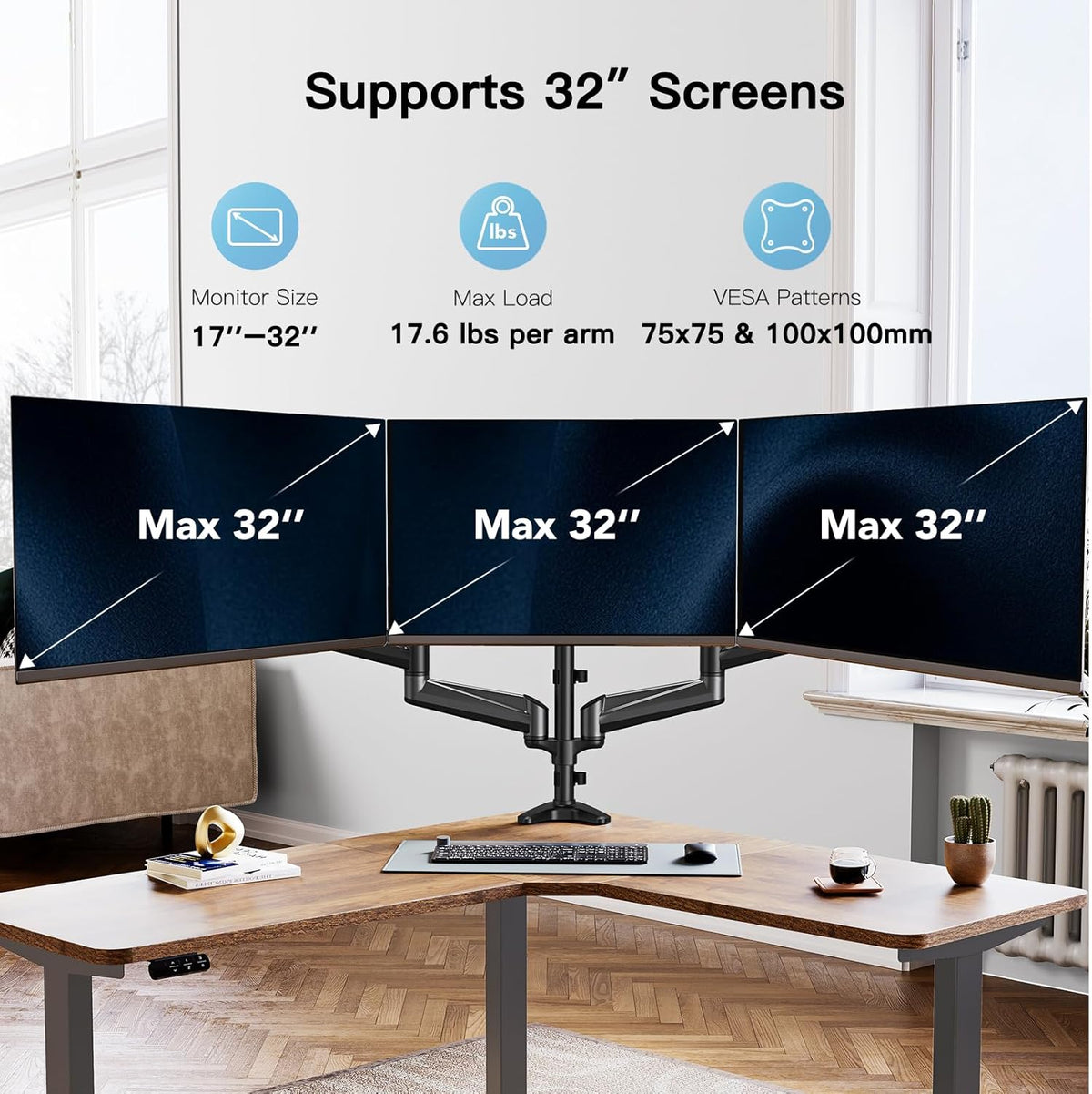 Triple Monitor Stand Desk Mount 17 to 32 Inch Adjustable Arms HUANUO