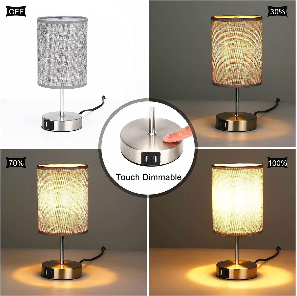 Lightess 2x Touch Bedside Lamps Grey, USB, Dimmable, E14 Bulbs Included